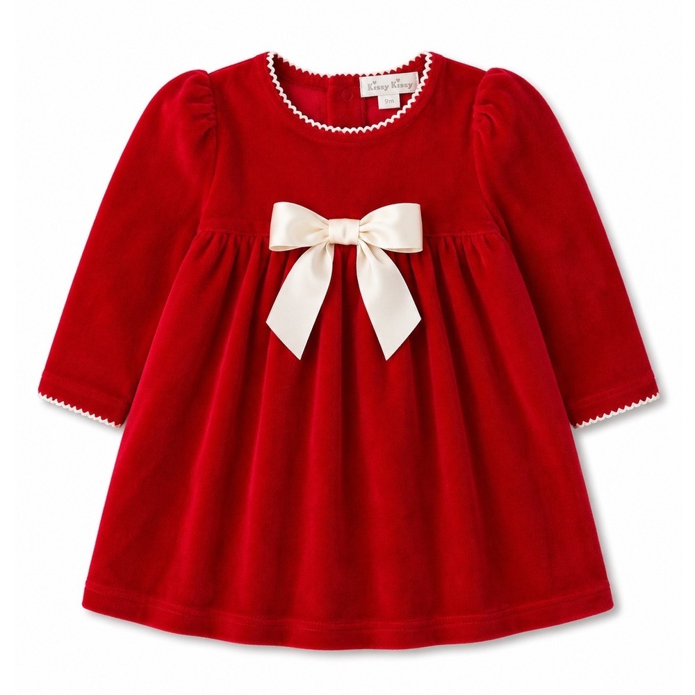Kissy Kissy Baby Girl 9M Red Velvet Christmas Dress White Bow Holiday Party Xmas